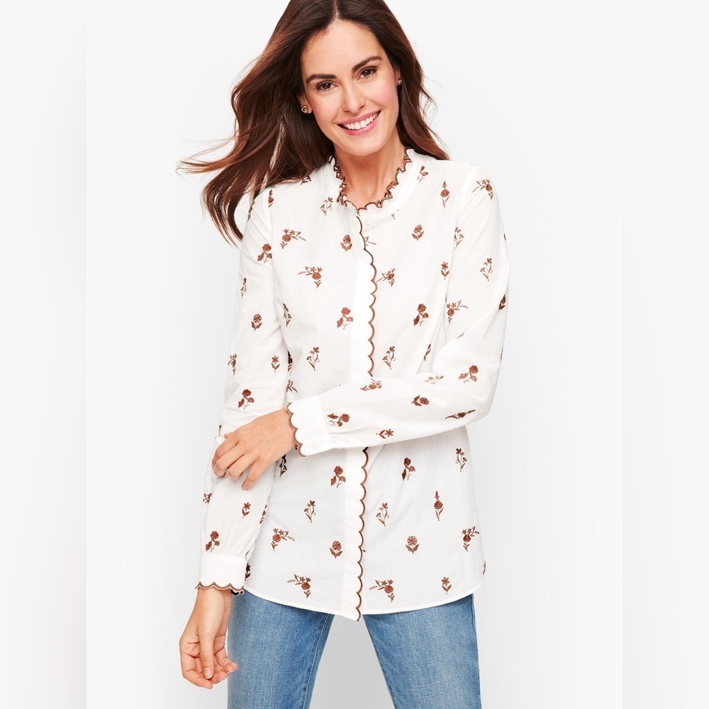 Talbots women’s large petite scallop trim embroidered long sleeve shirt blouse